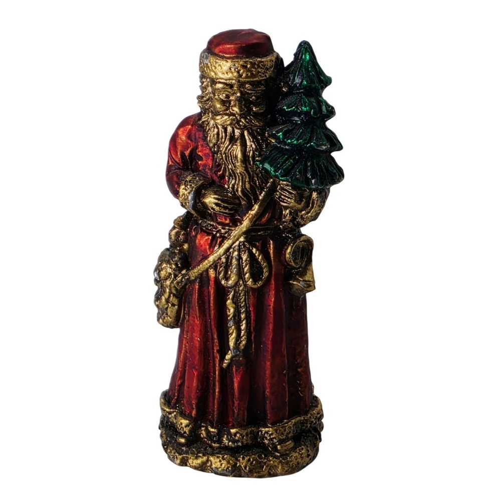 Vtg Style Lead Miniature Santa Claus Figurine Metallic Red Gold Christmas Decor